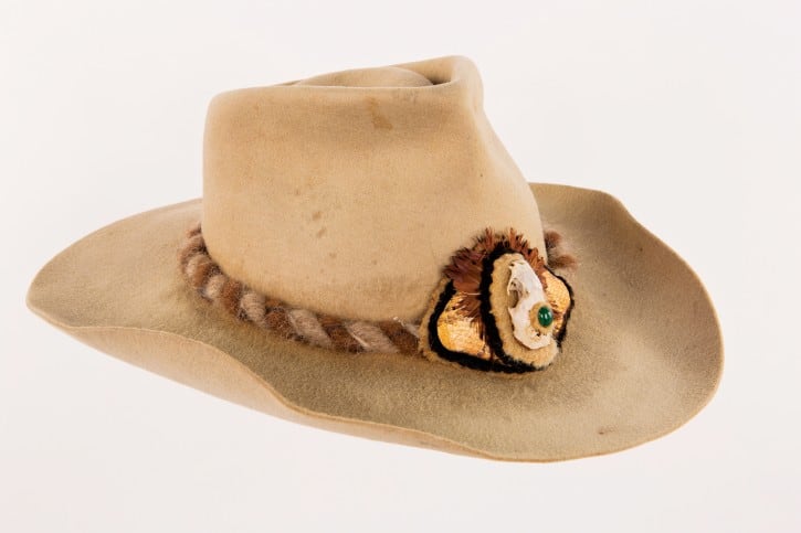 Willie Nelson gave Bobby Bare this hat—embellished with a mink skull, gemstone, feathers, and snake skin—in the early 1970s. Courtesy of Bobby Bare (Photo Bob Delevante, courtesy Country Music Hall of Fame & Museum)