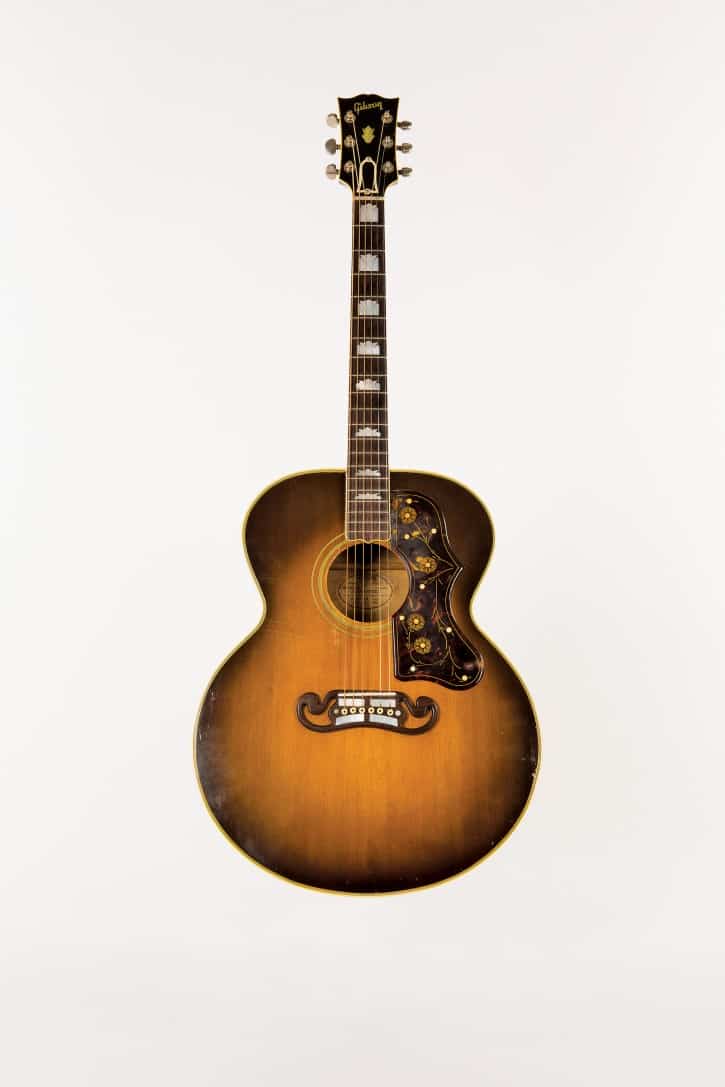 Cowboy Jack Clement acquired this 1952 Gibson SJ-200 when he was in the Marine Corps and it remained his close companion for the rest of his life. Clement played it on recordings including Johnny Cash’s “Big River” and “Ring of Fire,” and used it to write classics such as Cash’s 1958 chart-topper “Guess Things Happen That Way,” Porter Wagoner and Dolly Parton’s 1969 hit “Just Someone I Used to Know,” and “Let’s All Help the Cowboys (Sing the Blues),” from Waylon Jennings’s 1975 album Dreaming My Dreams. (Photo Bob Delevante, courtesy Country Music Hall of Fame & Museum)