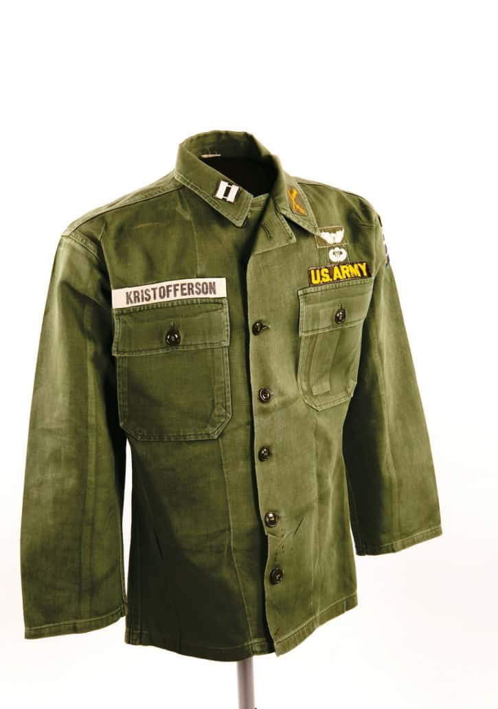 Utility shirt worn by Army captain and Airborne Ranger Kris Kristofferson. He resigned his commission in 1965, and moved to Nashville to pursue his dream of becoming a professional songwriter. (Photo Bob Delevante, courtesy Country Music Hall of Fame & Museum)
