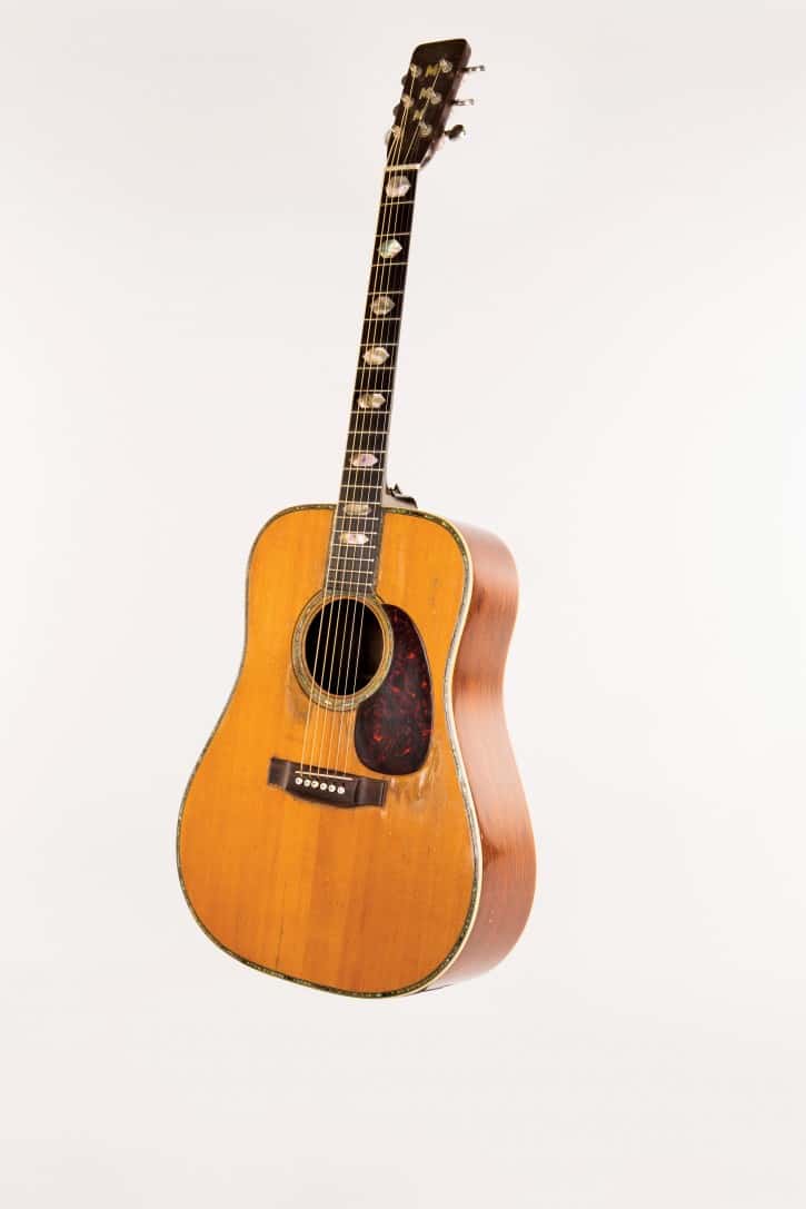 This 1960 Martin was Michael Murphey’s primary guitar, used to write songs including “Geronimo’s Cadillac,” “Wildfire,” and Austin anthem “Cosmic Cowboy.” Originally built as a Martin D-28, the instrument was later customized with abalone inlays, giving the appearance of a D-42.  Murphey’s initials are inlaid on the headstock. Courtesy of Michael Martin Murphey (Photo Bob Delevante, courtesy Country Music Hall of Fame & Museum)