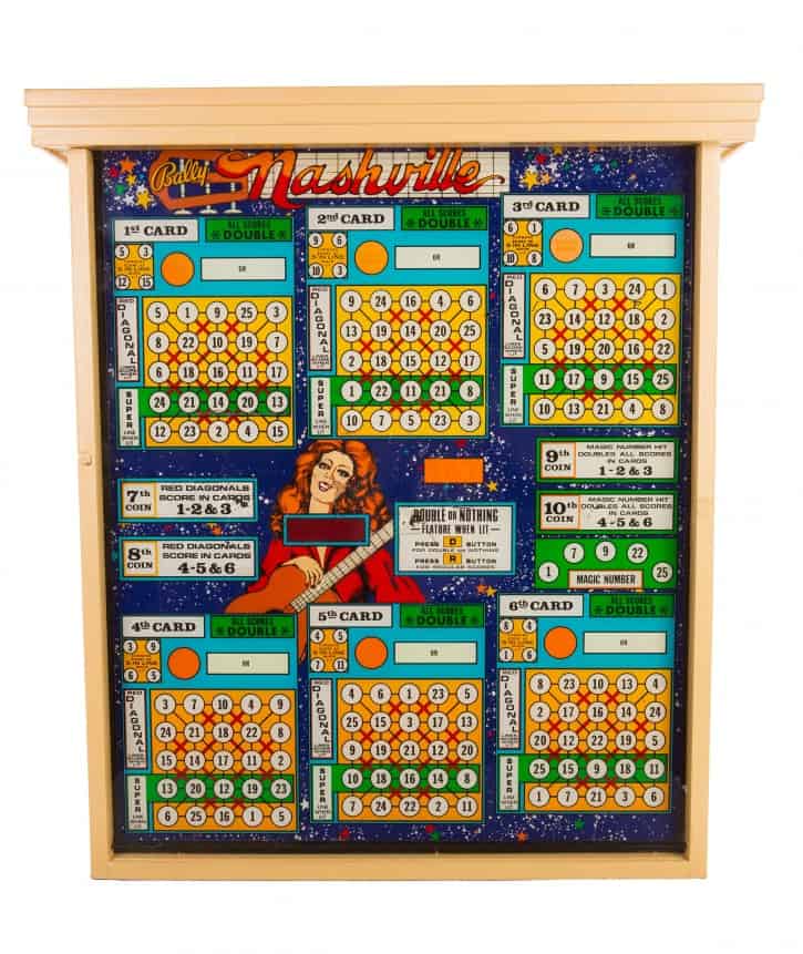 Backing board from a Bally six-card bingo pinball machine. Tompall Glaser installed a similar model at his Nashville recording studio, Hillbilly Central. Courtesy of Ruble and Brenda Sanderson (Photo Bob Delevante, courtesy Country Music Hall of Fame & Museum)