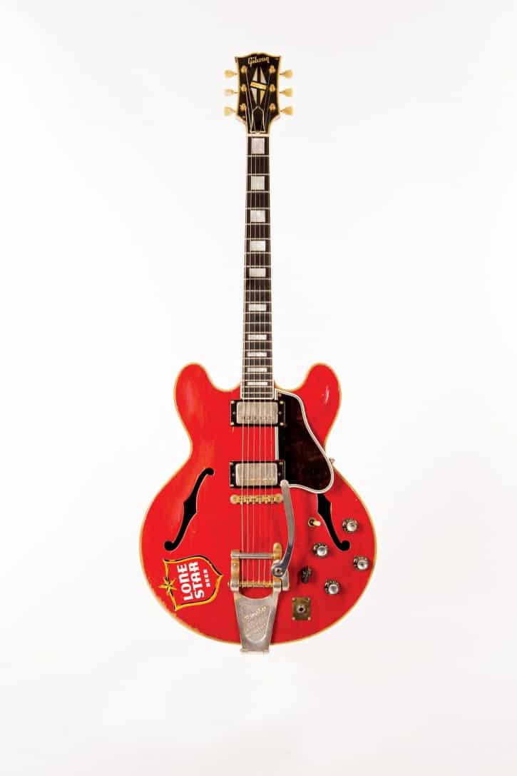 Ray Benson used this 1960 Gibson ES-355 with Asleep at the Wheel from 1972 to 1985. He added the Lone Star beer sticker as a tribute to Ernest Tubb’s band, the Texas Troubadours, who placed Lone Star stickers on their guitars. Courtesy of Ray Benson (Photo Bob Delevante, courtesy Country Music Hall of Fame & Museum)