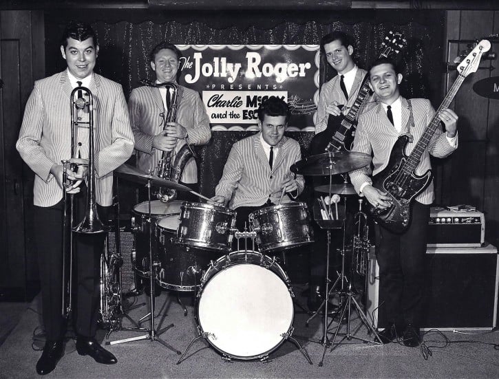 Charlie McCoy and the Escorts perform at the Jolly Roger in Printers Alley, circa 1965. Pictured are (l-r): Wayne Butler, Jerry Tuttle, Kenny Buttrey, Mac Gayden, and Charlie McCoy. Courtesy of Charlie McCoy and the Country Music Hall of Fame and Museum.