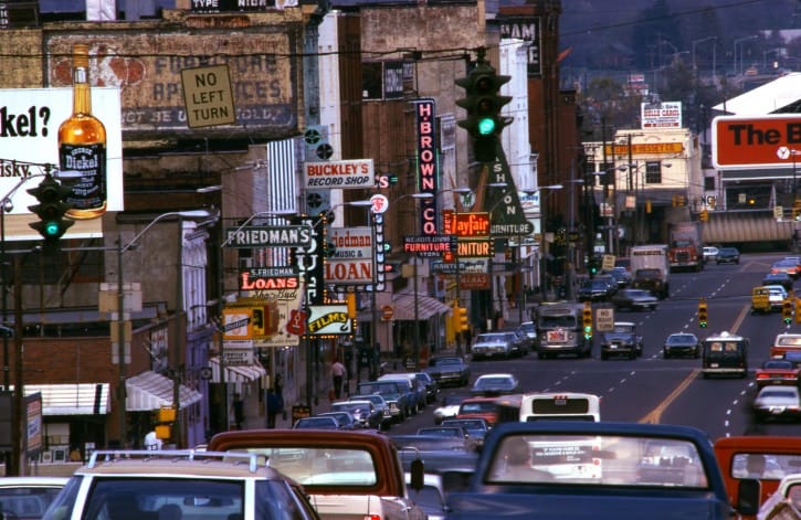 Nashville’s Lower Broadway circa 1975. Photo by Leonard Kamsler, courtesy of the Country Music Hall of Fame and Museum