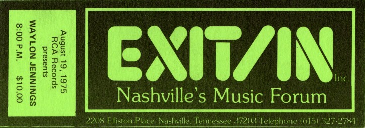 Ticket for a Waylon Jennings show at Exit/In, 1975