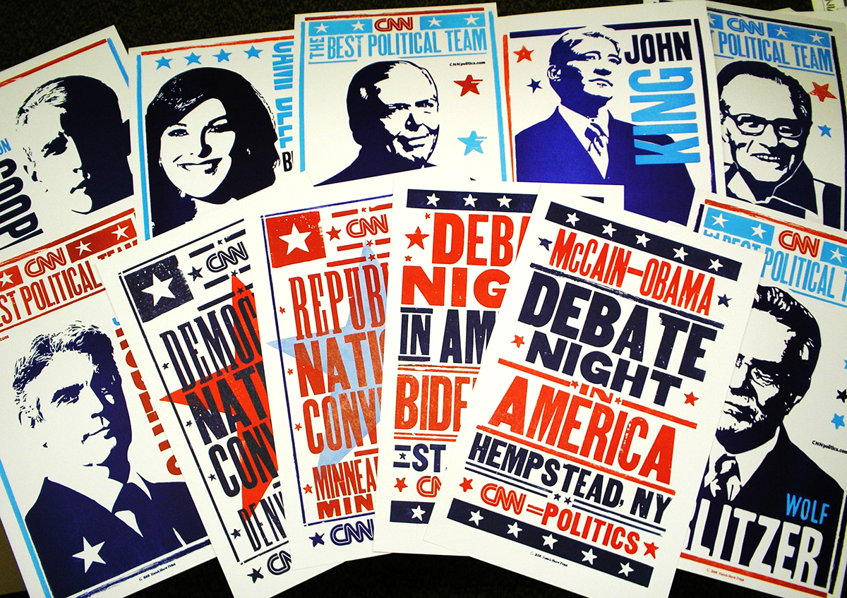 The posters designed and printed by Hatch Show Print provided imagery for the cutaways and introductions to campaign coverage segments as well as debate coverage by CNN during the 2008 election.