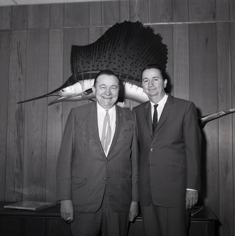 Johnny Bond, right, and Tex Ritter at the offices of Hubert Long International.