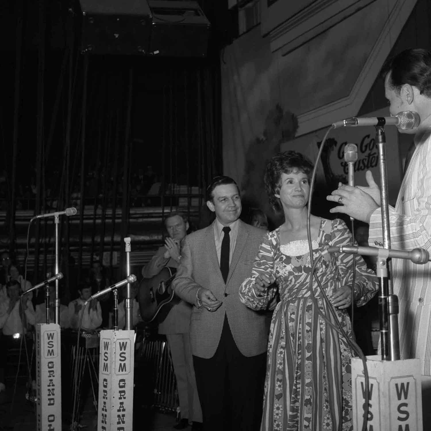 Bud Wendell (center, in coat and tie) onstage at the Grand Ole Opry with Jimmy Gately (left), Jan Howard, and Bill Anderson (both right), 1960s. From the Hubert Long Collection.