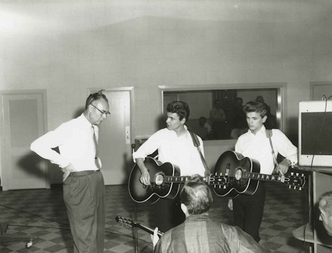 With their record label head and producer Archie Bleyer during a recording session at RCA Studio B, 1957. Photo by Elmer Williams.