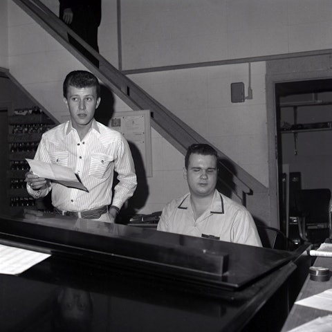 Pig Robbins (right) and singer Darrell McCall during a 1960s session at Columbia Records Studio B.
