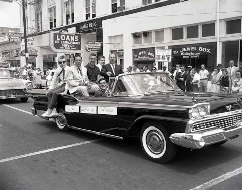 Ralph Emery sits up top between Ray Price (left) and Mac Wiseman in a parade during the Jimmie Rodgers Memorial Festival in Meridien, Mississippi, 1950s. Photo by Elmer Williams.