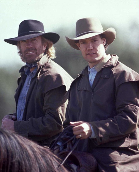 Randy Travis and Chuck Norris starred in the 1993 made-for-TV modern western movie Wind in the Wire. Photo by Walden S. Fabry Studios.
