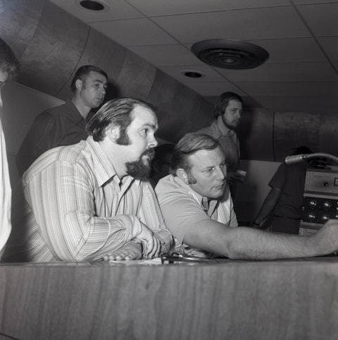 From left, foreground: singer Johnny Russell and Jerry Bradley in the control room of RCA Studio B.