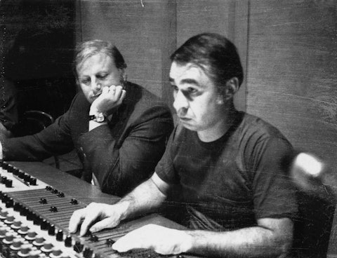 Jerry Bradley (left) with recording engineer Al Pachucki in the control room of RCA Studio B.
