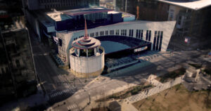 Exterior of Country Music Hall of Fame taken from a drone.