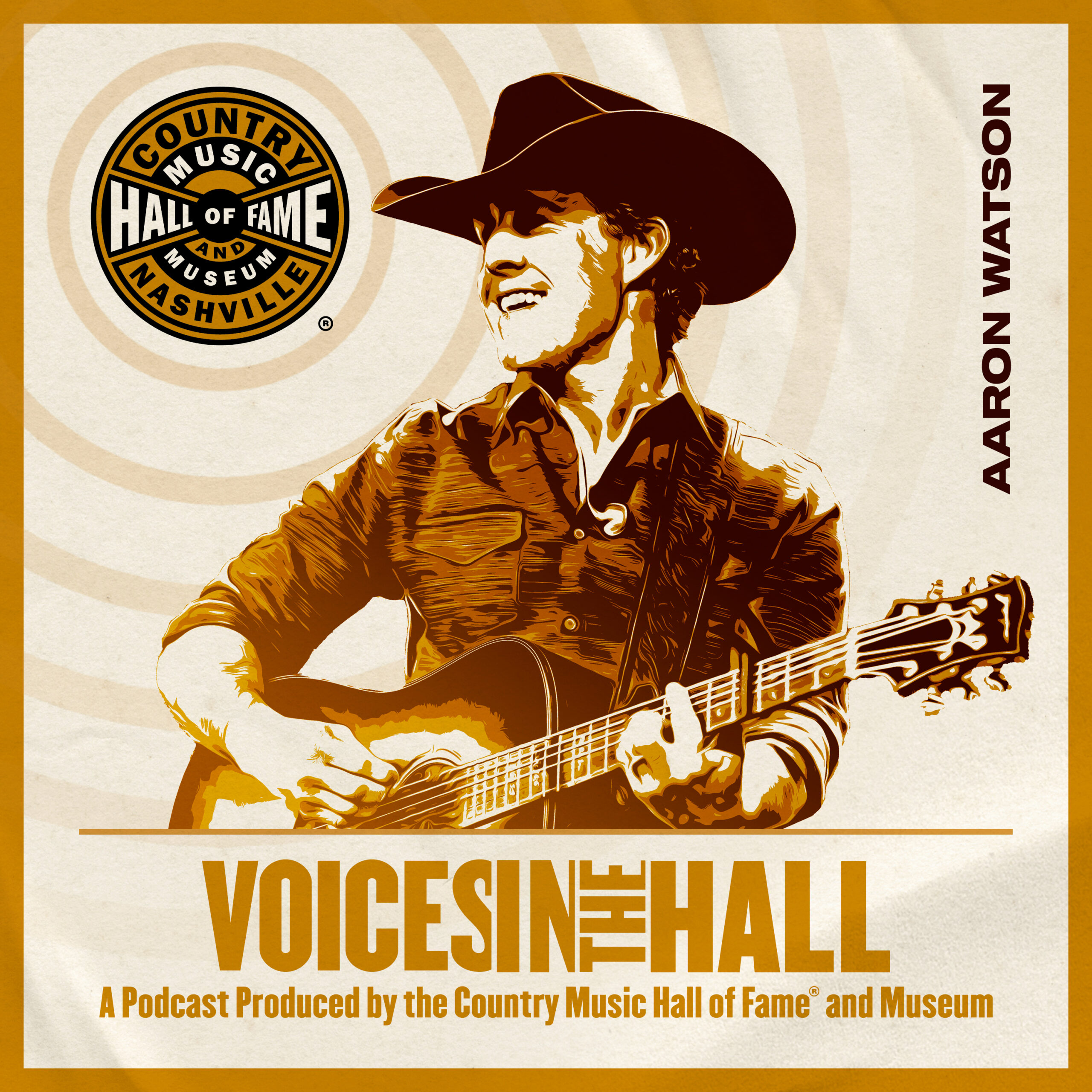 S3E3: Aaron Watson on Country Music Hall of Fame and Museum’s “Voice in the Hall” Podcast. Watson is playing a classical guitar and a fresh, black cowboy hat.
