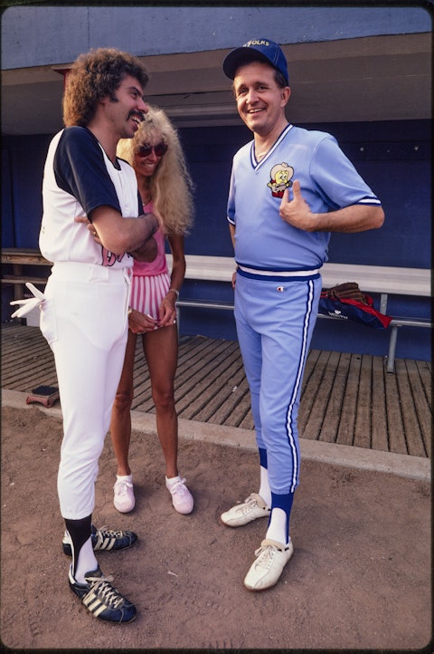 Joe Bonsall of the Oak Ridge Boys, his wife, Mary, and Bill Anderson at a softball game to benefit muscular dystrophy, held at Nashville’s Herschel Greer Stadium, 1983.