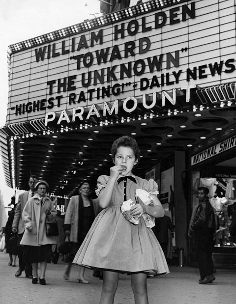 Brenda Lee outside movie theater in Times Square 1956