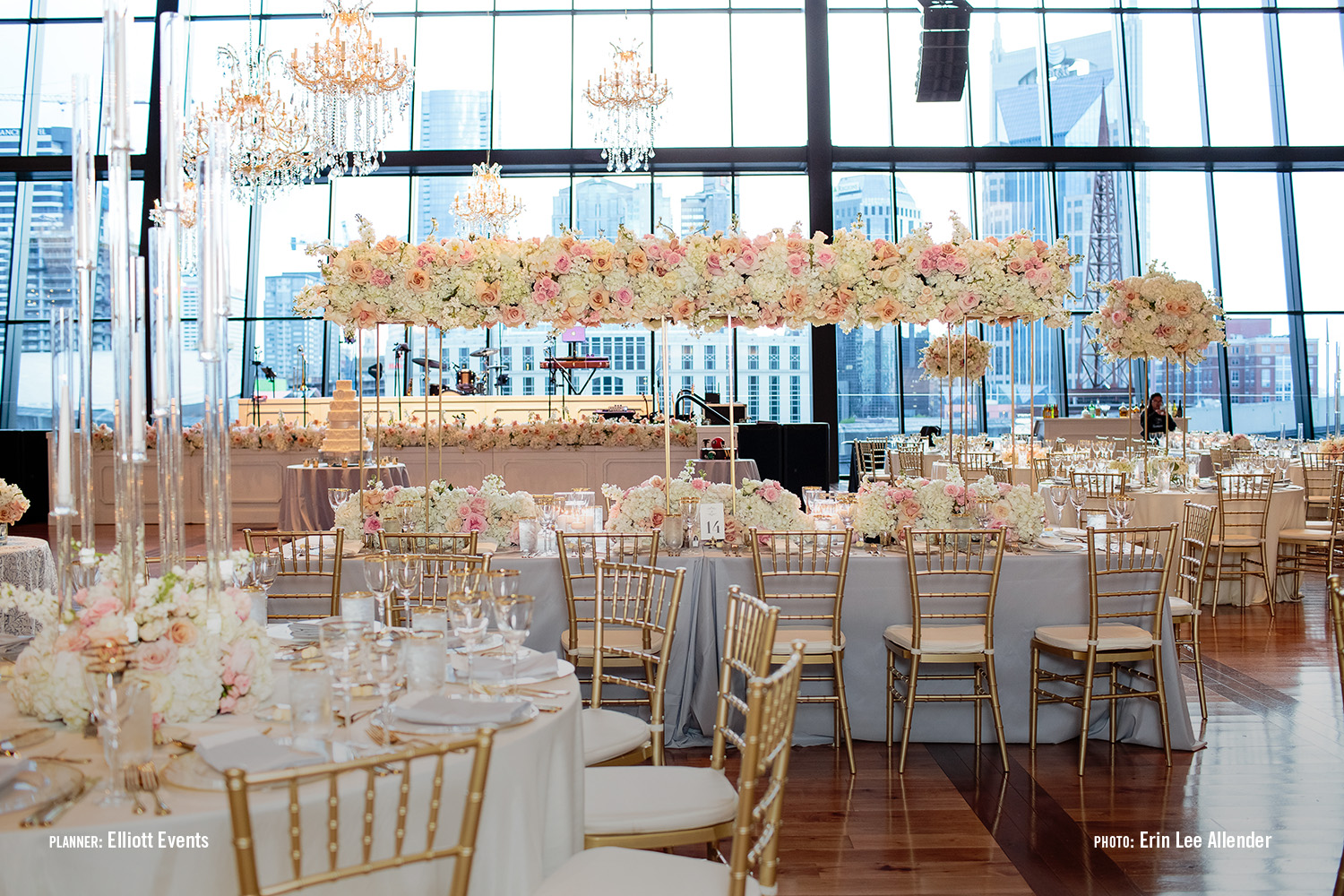 View of the Event Hall overlooking the skyline at this downtown Nashville wedding.