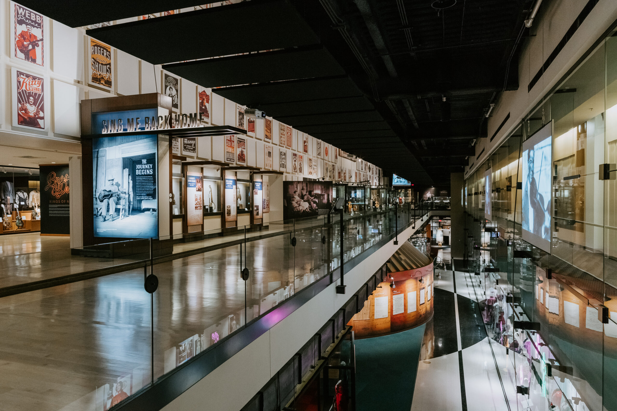 interior photo of the multi-storied museum displays at the Country Music Hall of Fame and Museum