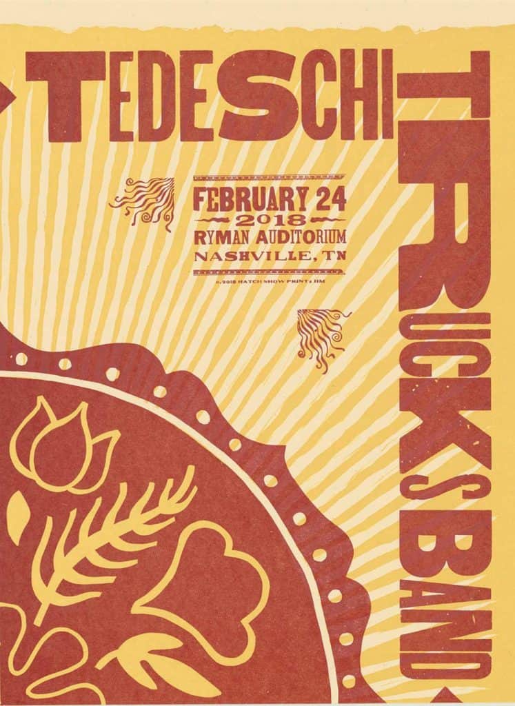 A gold and burnt orange Hatch Show Print Poster for Tedeshi at the Ryman Auditorium in February of 2018. 
