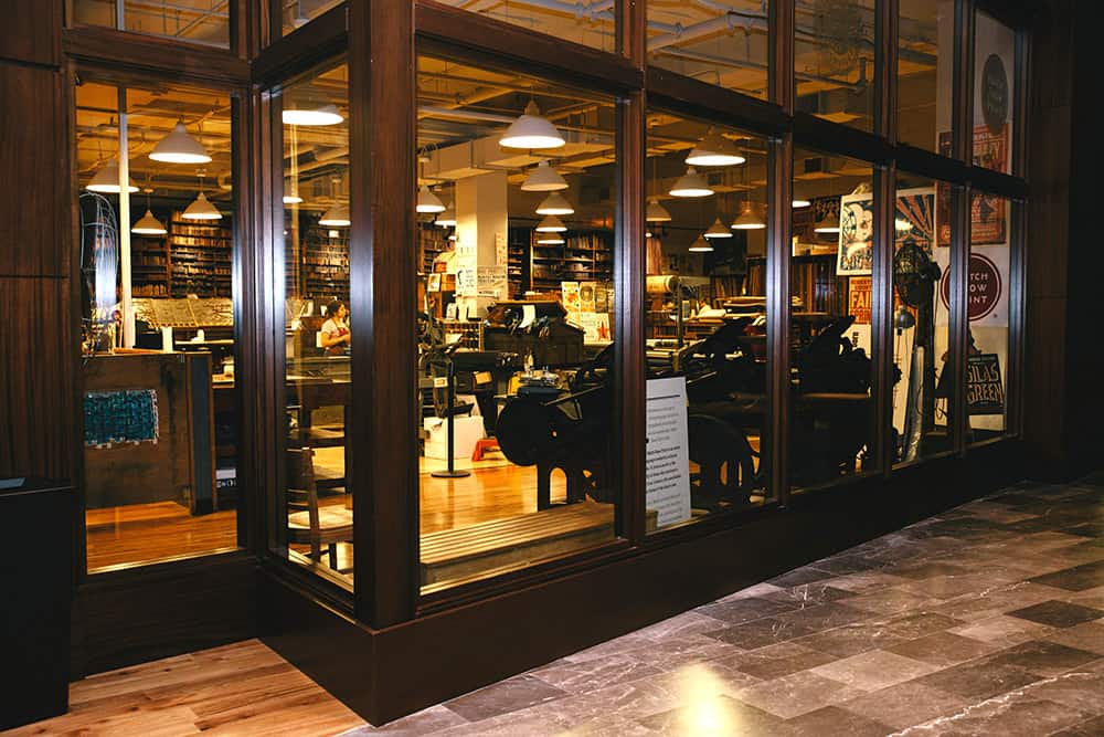View from the hallway looking into the print shop at Hatch Show Print.